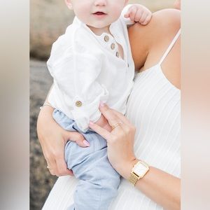 Baby boy outfit, white top and blue pants, linen, 9 month